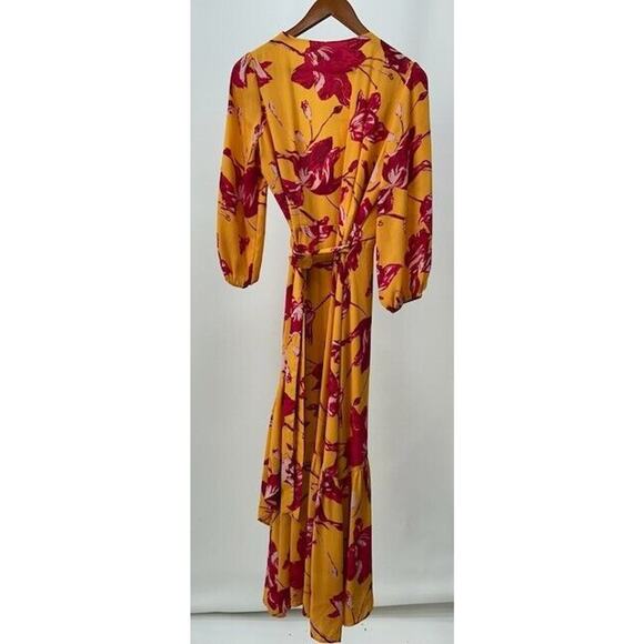 Color Me Courtney Eleanor Wrap Dress Tie Side 3/4 Sleeves V Neck Floral Yellow M - Picture 4 of 11